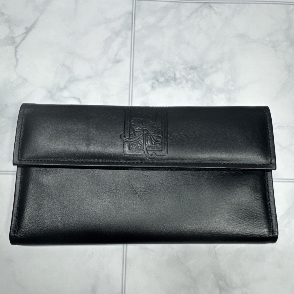 Amity Premium Leather Trim Clutch Black Embossed Flower Made In America NWT